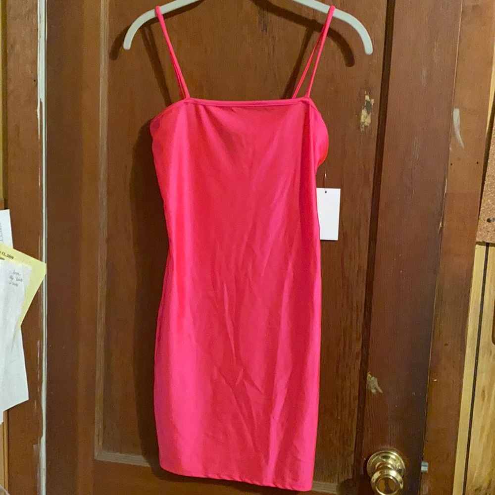 Spaghetti strap neon pink bodycon mini dress